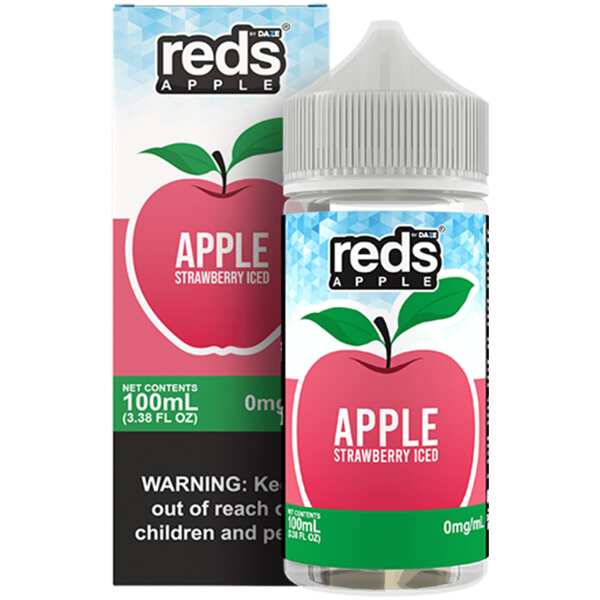 A 100ml bottle of Strawberry Iced Apple Reds 100ml bottle by Vape4Less.