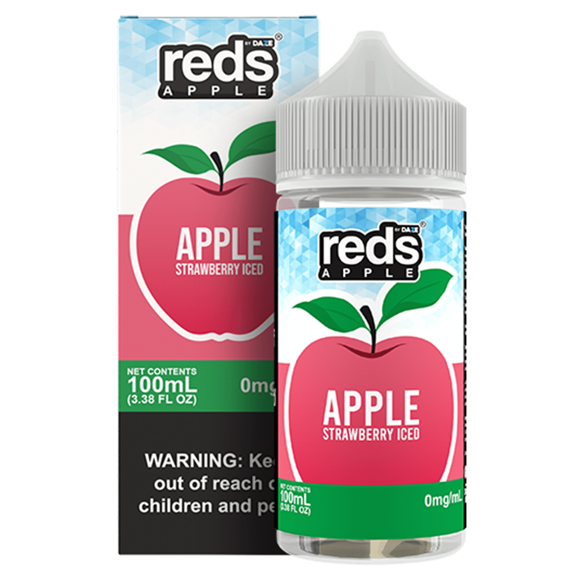 A 100ml bottle of Strawberry Iced Apple Reds 100ml bottle by Vape4Less.