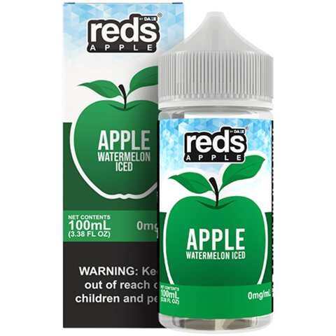 A 100ml bottle of Watermelon Iced - Apple Reds 100ml e-liquid bottle with apple, watermelon, and icy mint-style graphics. by Vape4Less.