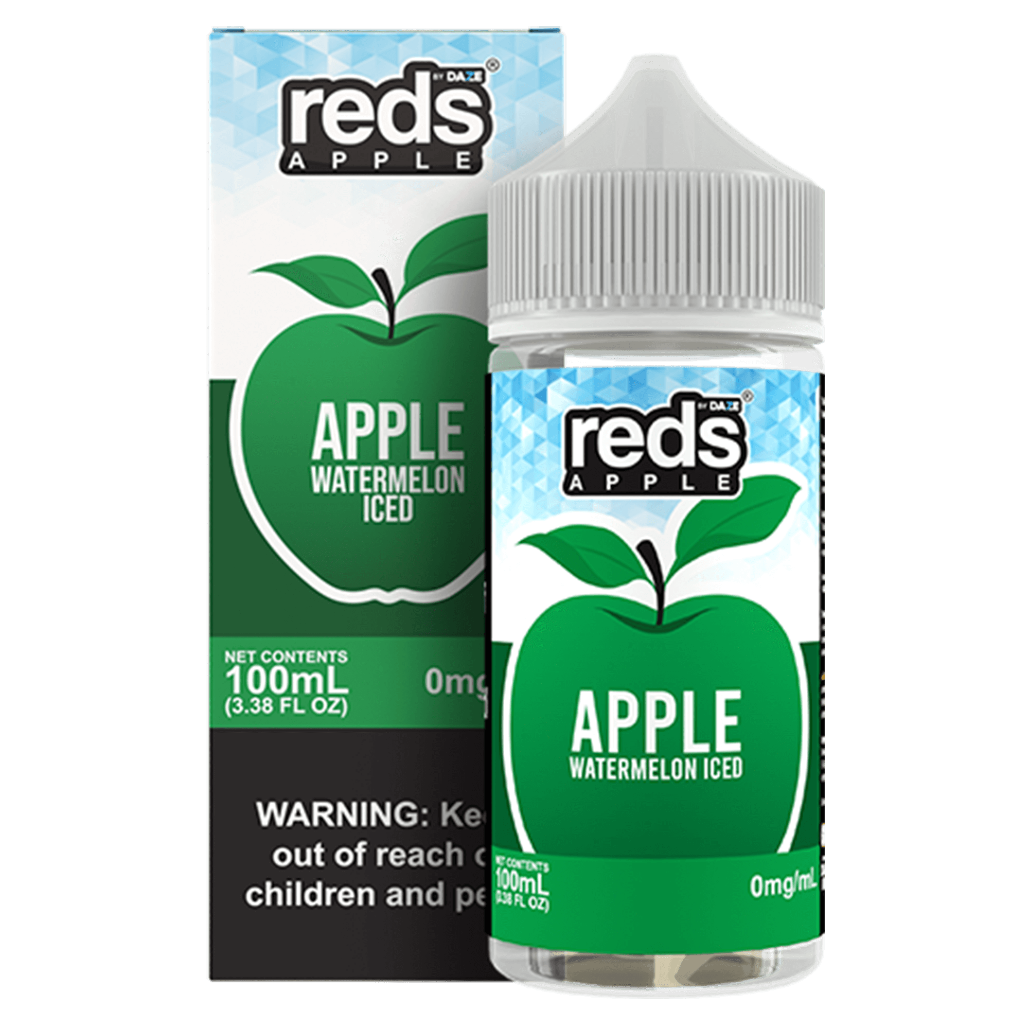 A 100ml bottle of Watermelon Iced - Apple Reds 100ml e-liquid bottle with apple, watermelon, and icy mint-style graphics. by Vape4Less.
