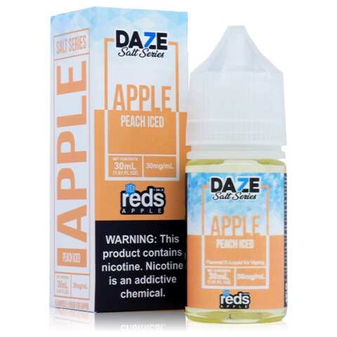 A 30ml bottle of Peach Iced Apple Redsbottle by Vape4Less.
