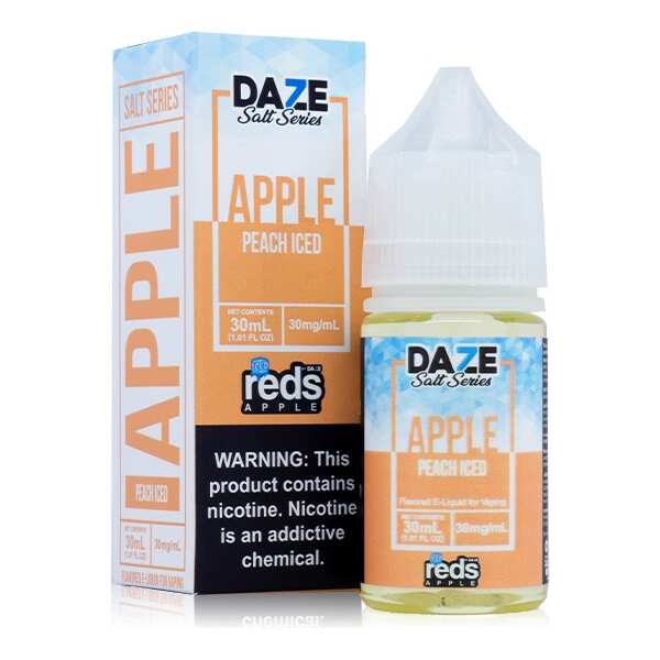 A 30ml bottle of Peach Iced Apple Redsbottle by Vape4Less.