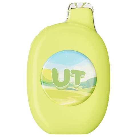 A 16ml Sour Apple UT 50K disposable vape with green apple graphic and full smart screen by Vape4Less.