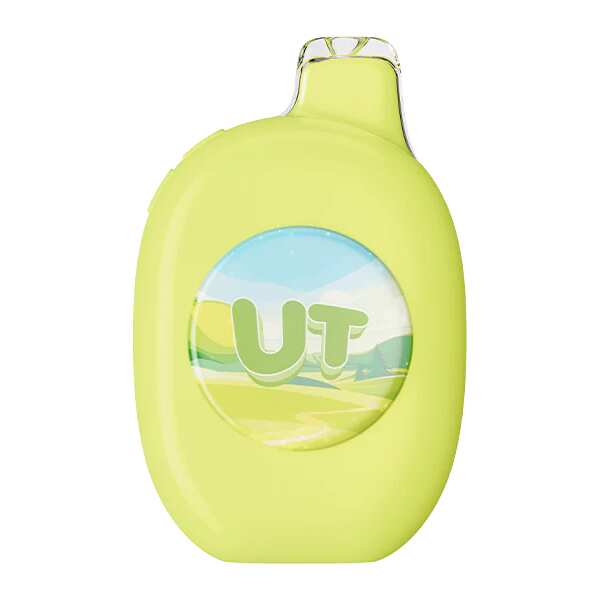 A 16ml Sour Apple UT 50K disposable vape with green apple graphic and full smart screen by Vape4Less.