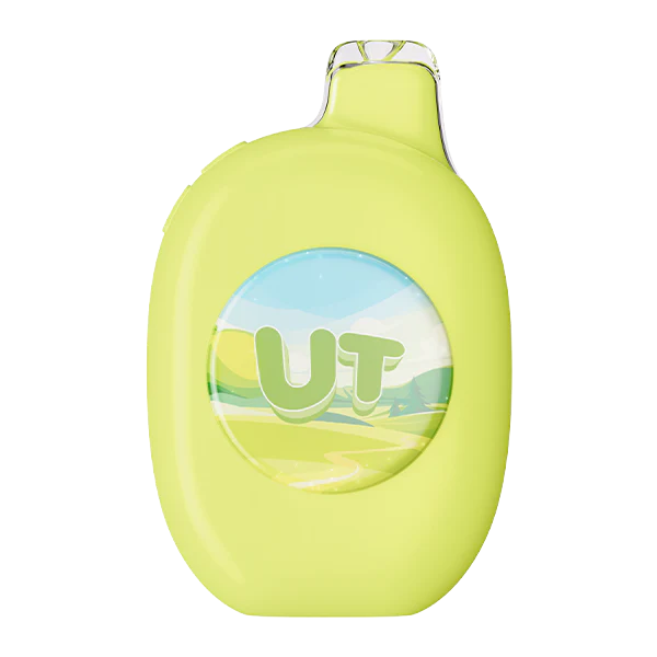 A 16ml Sour Apple UT 50K disposable vape with green apple graphic and full smart screen by Vape4Less.
