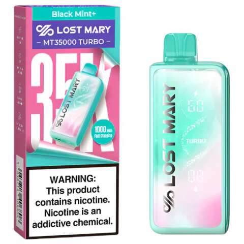 A 18ml Black Mint Lost Mary MT35000 Turbo disposable vape 35000 puffs dark berry mint flavor icy menthol by Vape4Less.