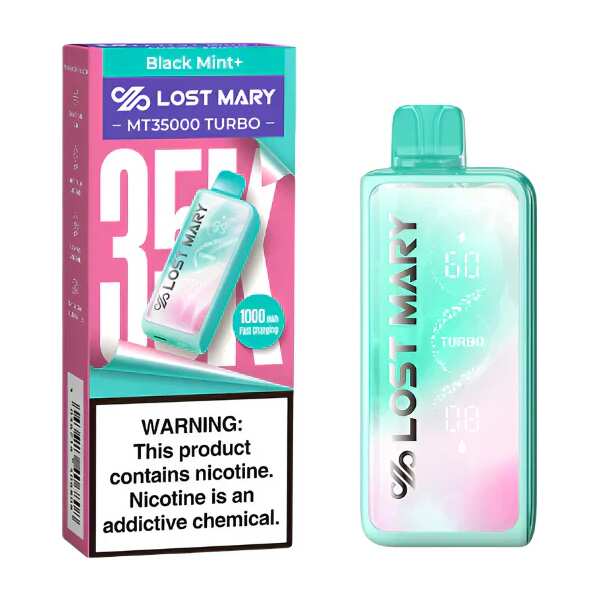 A 18ml Black Mint Lost Mary MT35000 Turbo disposable vape 35000 puffs dark berry mint flavor icy menthol by Vape4Less.