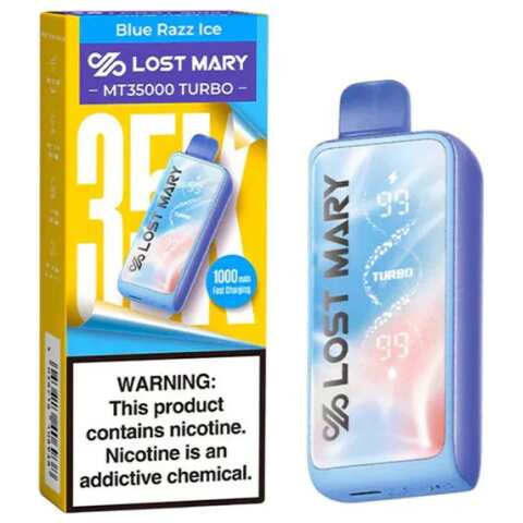 A 18ml Blue Razz Ice Lost Mary MT35000 Turbo disposable vape 35000 puffs blue raspberry menthol flavor by Vape4Less.