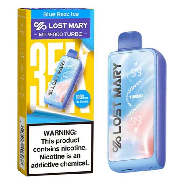 A 18ml Blue Razz Ice Lost Mary MT35000 Turbo disposable vape 35000 puffs blue raspberry menthol flavor by Vape4Less.
