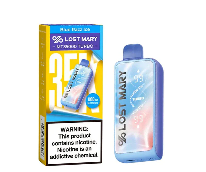 A 18ml Blue Razz Ice Lost Mary MT35000 Turbo disposable vape 35000 puffs blue raspberry menthol flavor by Vape4Less.