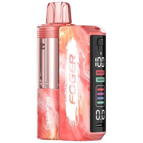 A Cherry Bomb Foger Switch Pro Kit 30K disposable vape with cherry explosion graphic and sleek red design. by Vape4Less.