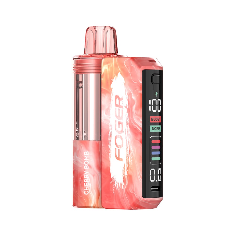 A Cherry Bomb Foger Switch Pro Kit 30K disposable vape with cherry explosion graphic and sleek red design. by Vape4Less.