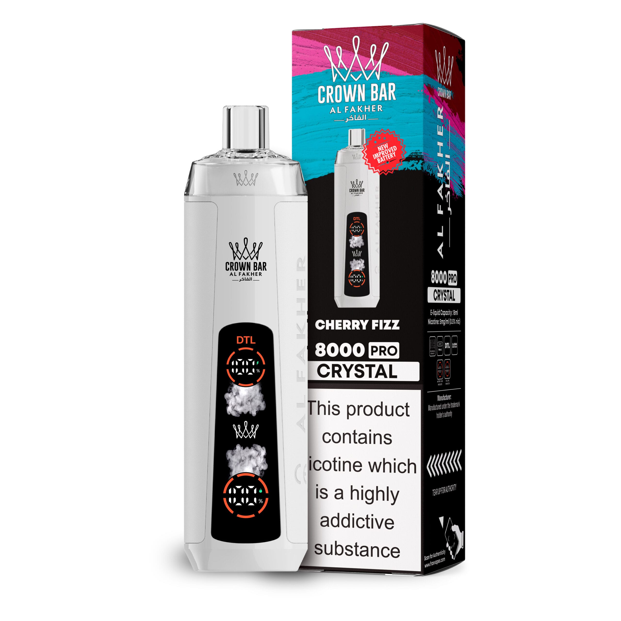 A Cherry Fizz Al Fakher Crown Bar 8000 Pro disposable vape 8000 puffs fizzy cherry soda shisha flavor by Vape4Less.