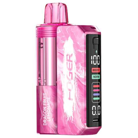 A Dragon Fruit Lemonade Foger Switch Pro Kit 30K disposable vape with dragon fruit and lemonade visuals on a bright tropical background. by Vape4Less.
