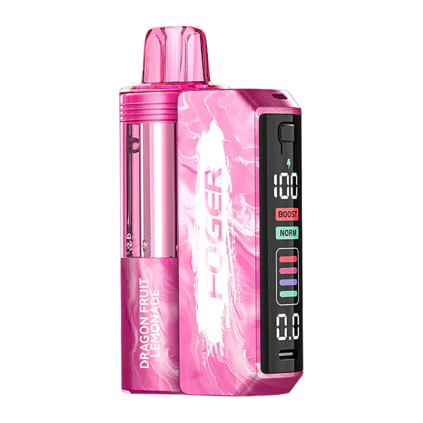 A Dragon Fruit Lemonade Foger Switch Pro Kit 30K disposable vape with dragon fruit and lemonade visuals on a bright tropical background. by Vape4Less.