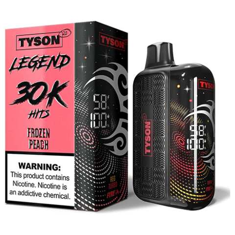 A 16ml Frozen Peach Tyson 2.0 Legend 30K disposable vape 30000 puffs luscious peach menthol icy flavor by Vape4Less.