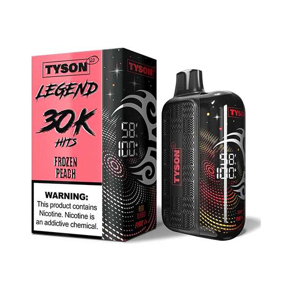 A 16ml Frozen Peach Tyson 2.0 Legend 30K disposable vape 30000 puffs luscious peach menthol icy flavor by Vape4Less.