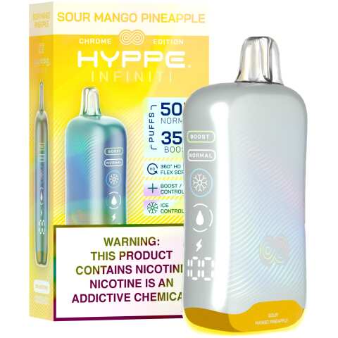 A Sour Mango Pineapple Hyppe Infiniti 50K disposable vape 50000 puffs sour tropical mango pineapple flavor by Vape4Less.