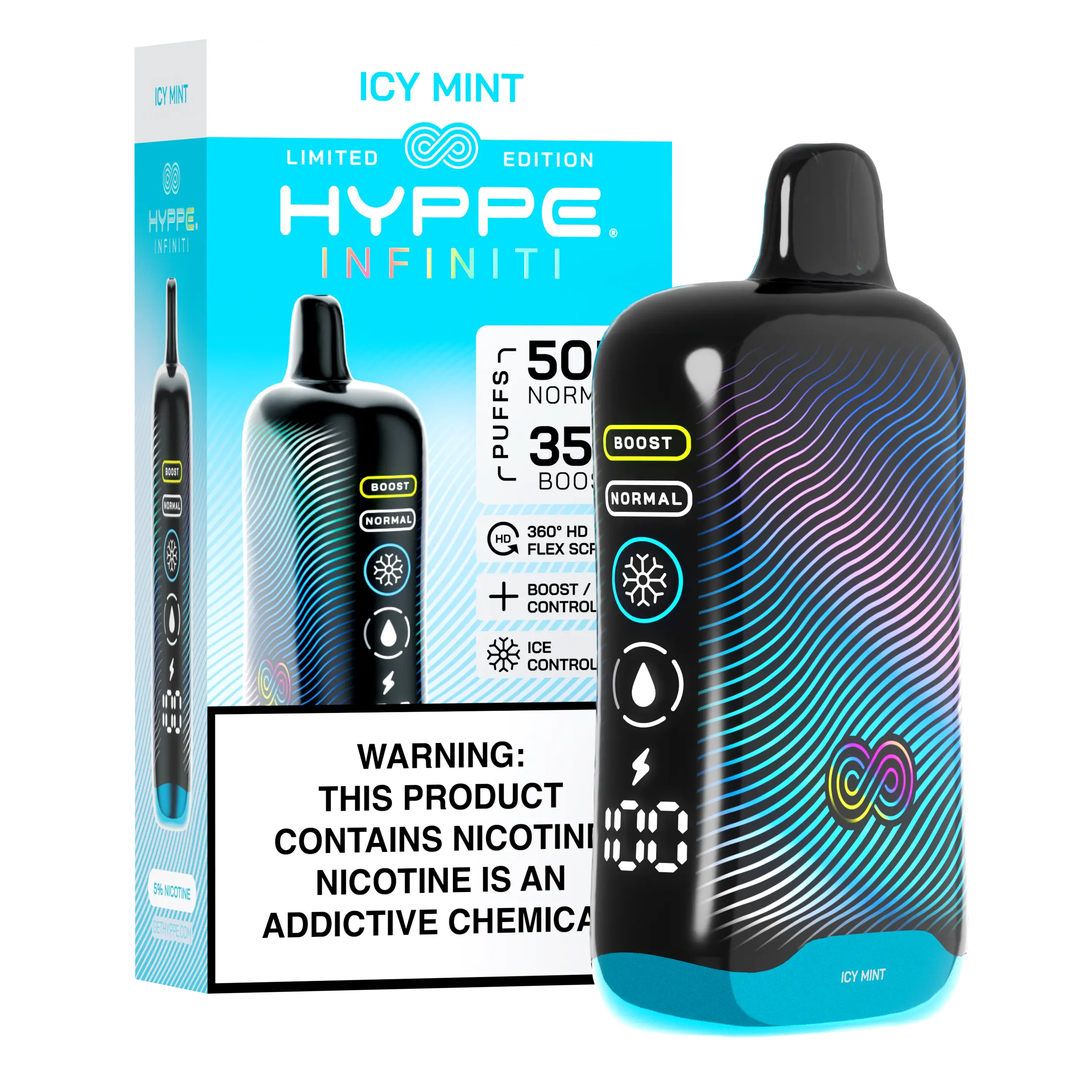 An Icy Mint Hyppe Infiniti 50K disposable vape 50000 puffs maximum menthol clean mint flavor by Vape4Less.