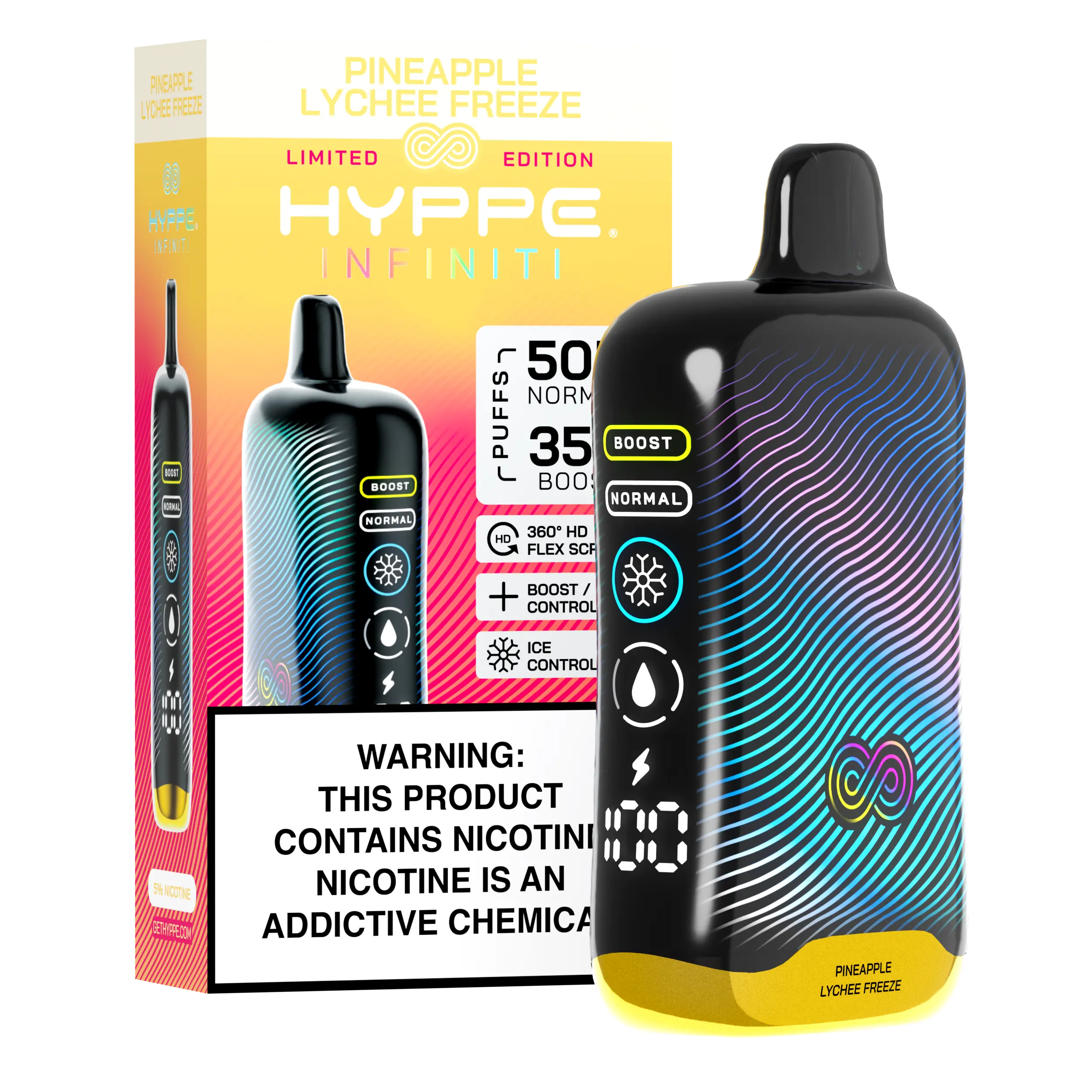 A Pineapple Lychee Freeze Hyppe Infiniti 50K disposable vape 50000 puffs tropical pineapple lychee menthol by Vape4Less.