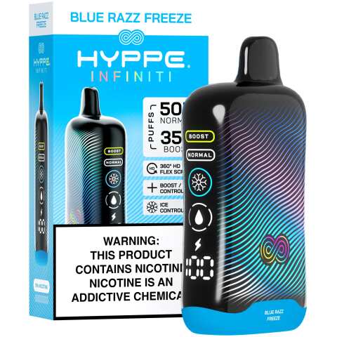 A Blue Razz Freeze Hyppe Infiniti 50K disposable vape 50000 puffs blue raspberry menthol flavor by Vape4Less.