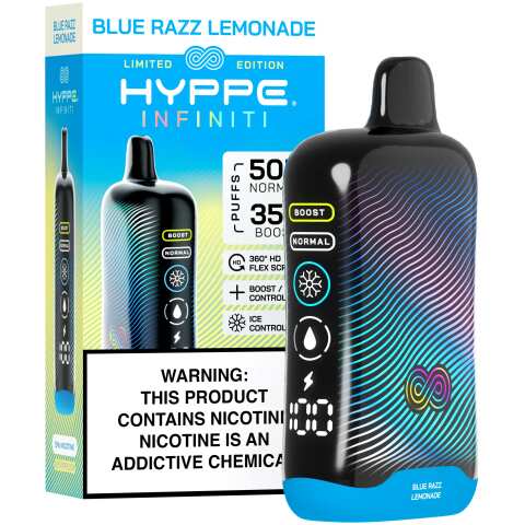 A Blue Razz Lemonade Hyppe Infiniti 50K disposable vape 50000 puffs blue raspberry drink flavor by Vape4Less.