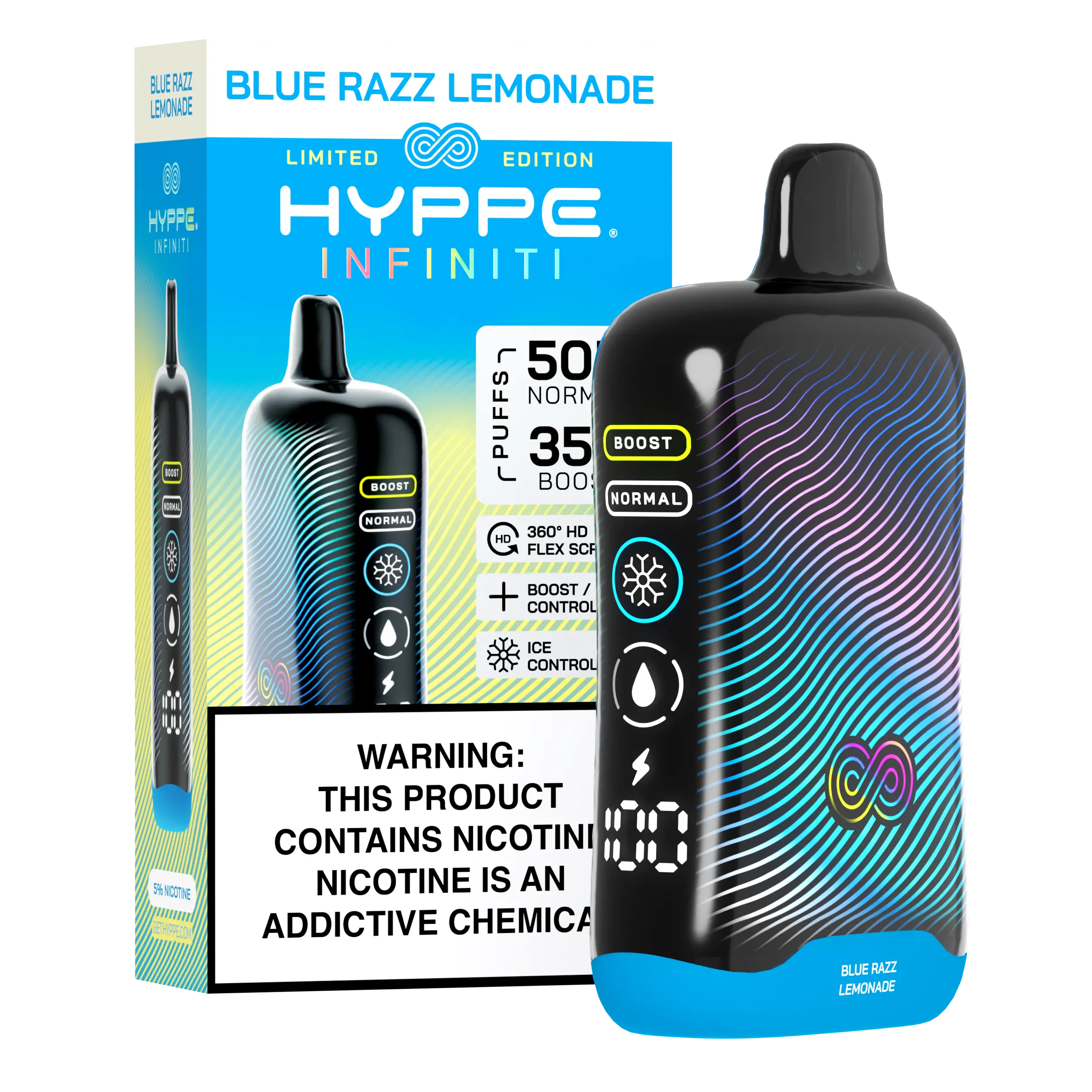 A Blue Razz Lemonade Hyppe Infiniti 50K disposable vape 50000 puffs blue raspberry drink flavor by Vape4Less.