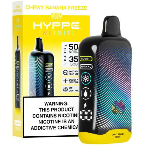 A Chewy Banana Freeze Hyppe Infiniti 50K disposable vape 50000 puffs banana candy menthol flavor by Vape4Less.