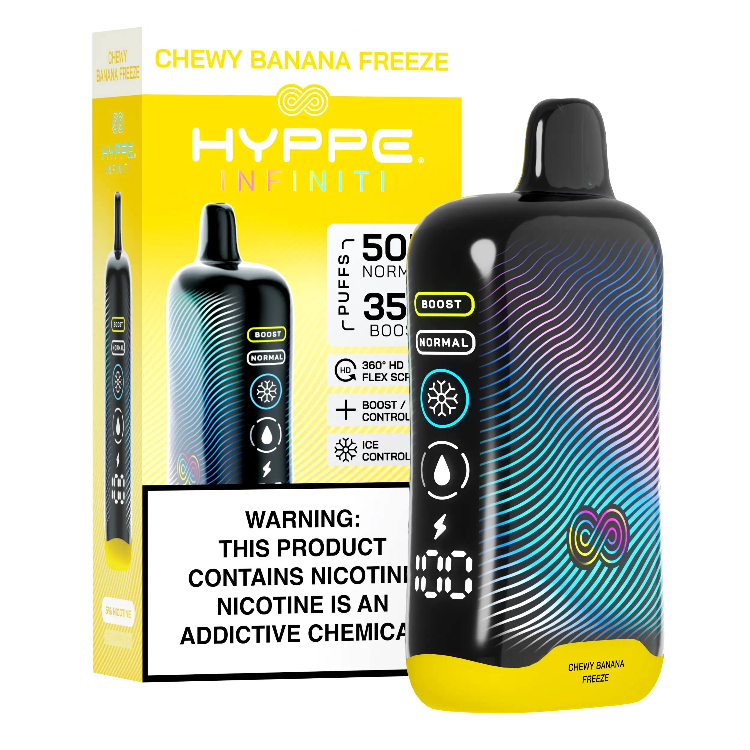 A Chewy Banana Freeze Hyppe Infiniti 50K disposable vape 50000 puffs banana candy menthol flavor by Vape4Less.