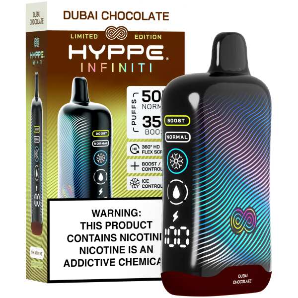 A Dubai Chocolate Hyppe Infiniti 50K disposable vape 50000 puffs rich milk chocolate flavor by Vape4Less.