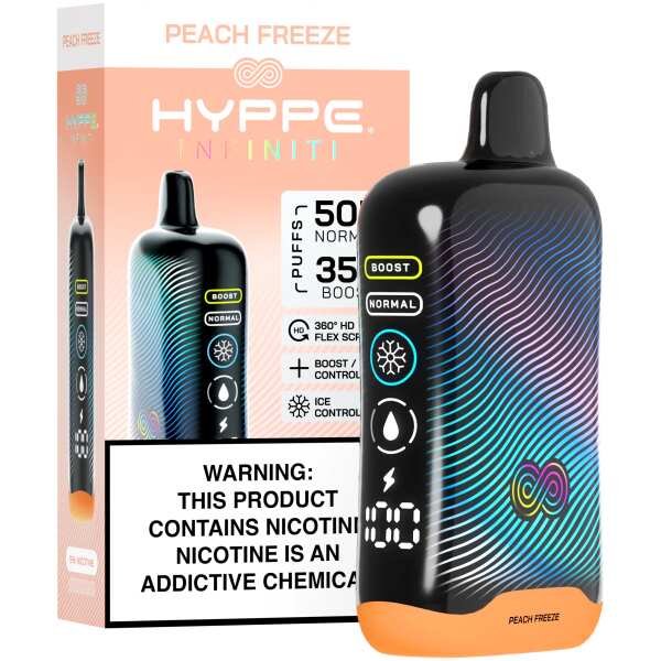 A Peach Freeze Hyppe Infiniti 50K disposable vape 50000 puffs sweet peach icy menthol flavor by Vape4Less.