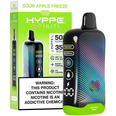 A Sour Apple Freeze Hyppe Infiniti 50K disposable vape 50000 puffs sour apple menthol flavor by Vape4Less.