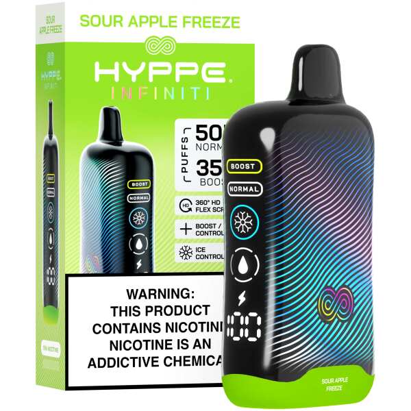A Sour Apple Freeze Hyppe Infiniti 50K disposable vape 50000 puffs sour apple menthol flavor by Vape4Less.