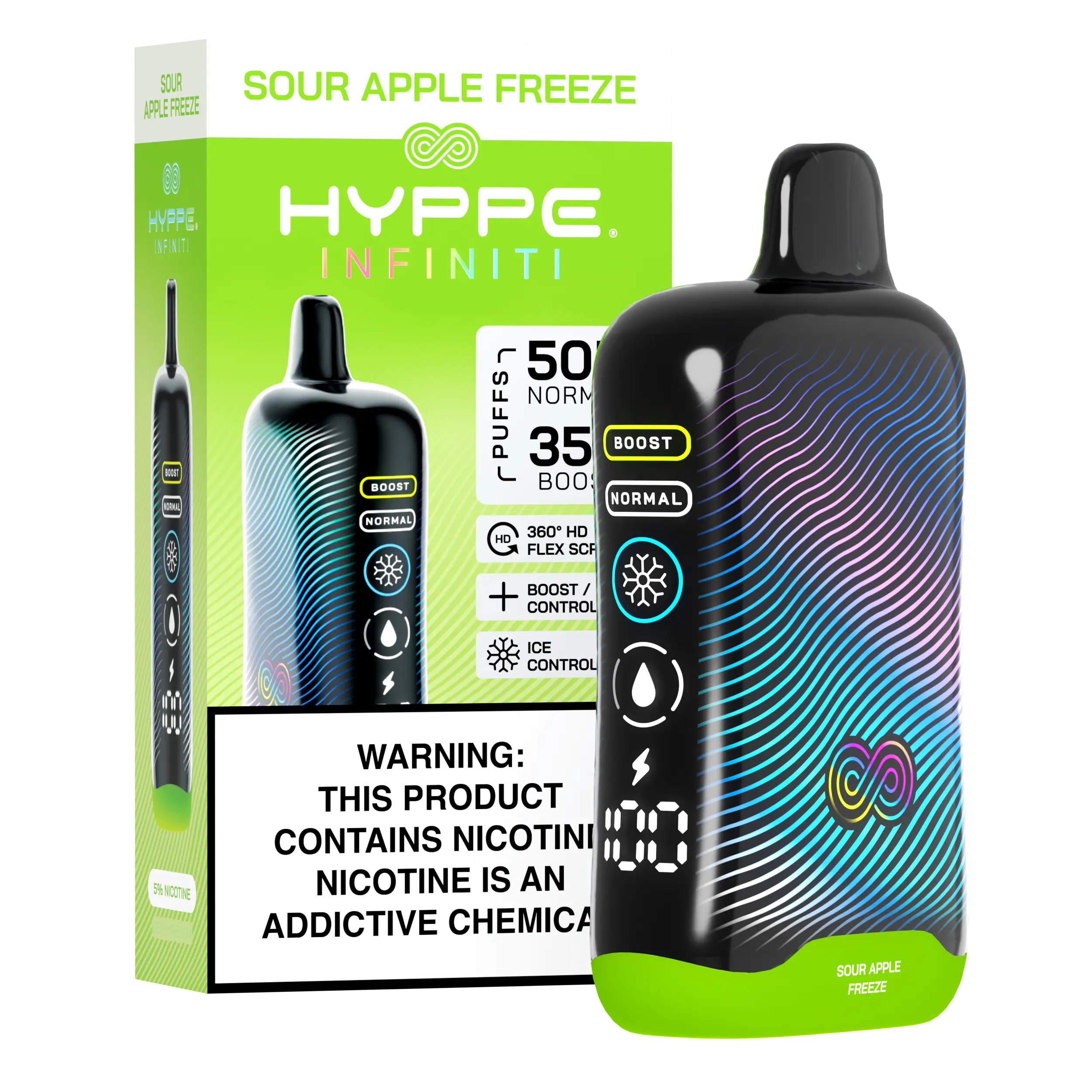 A Sour Apple Freeze Hyppe Infiniti 50K disposable vape 50000 puffs sour apple menthol flavor by Vape4Less.
