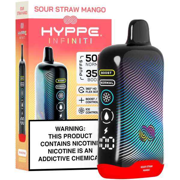 A Sour Straw Mango Hyppe Infiniti 50K disposable vape 50000 puffs mango sour candy flavor by Vape4Less.