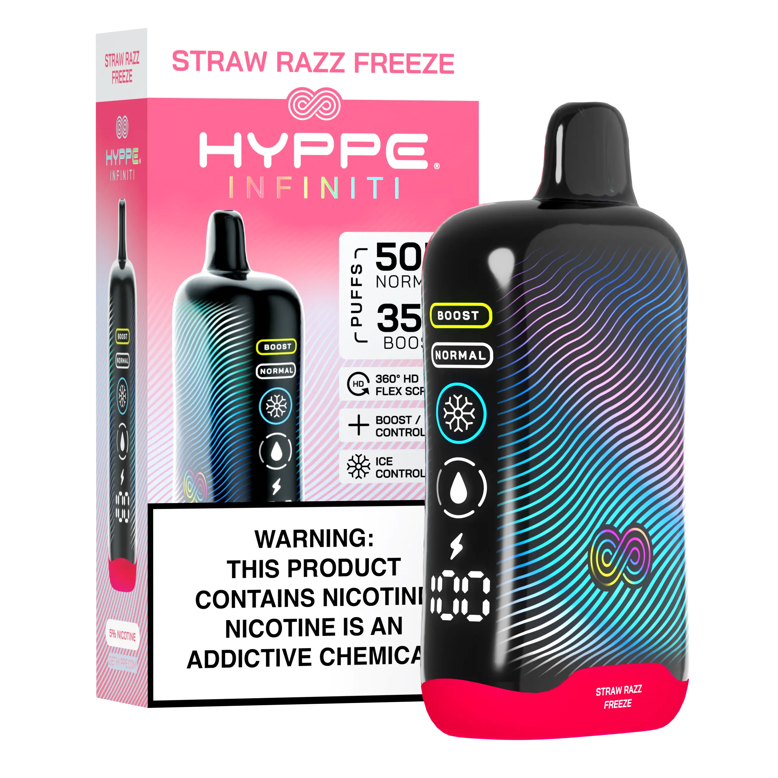 A Straw Razz Freeze Hyppe Infiniti 50K disposable vape 50000 puffs strawberry blue raspberry menthol flavor by Vape4Less.