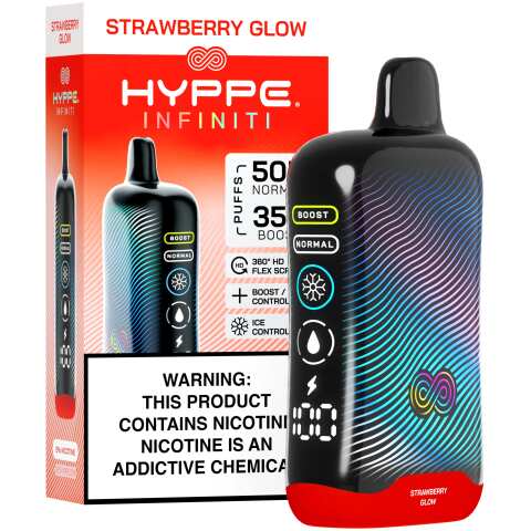 A Strawberry Glow Hyppe Infiniti 50K disposable vape 50000 puffs sweet bright strawberry flavor by Vape4Less.