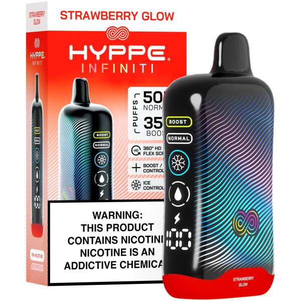 A Strawberry Glow Hyppe Infiniti 50K disposable vape 50000 puffs sweet bright strawberry flavor by Vape4Less.