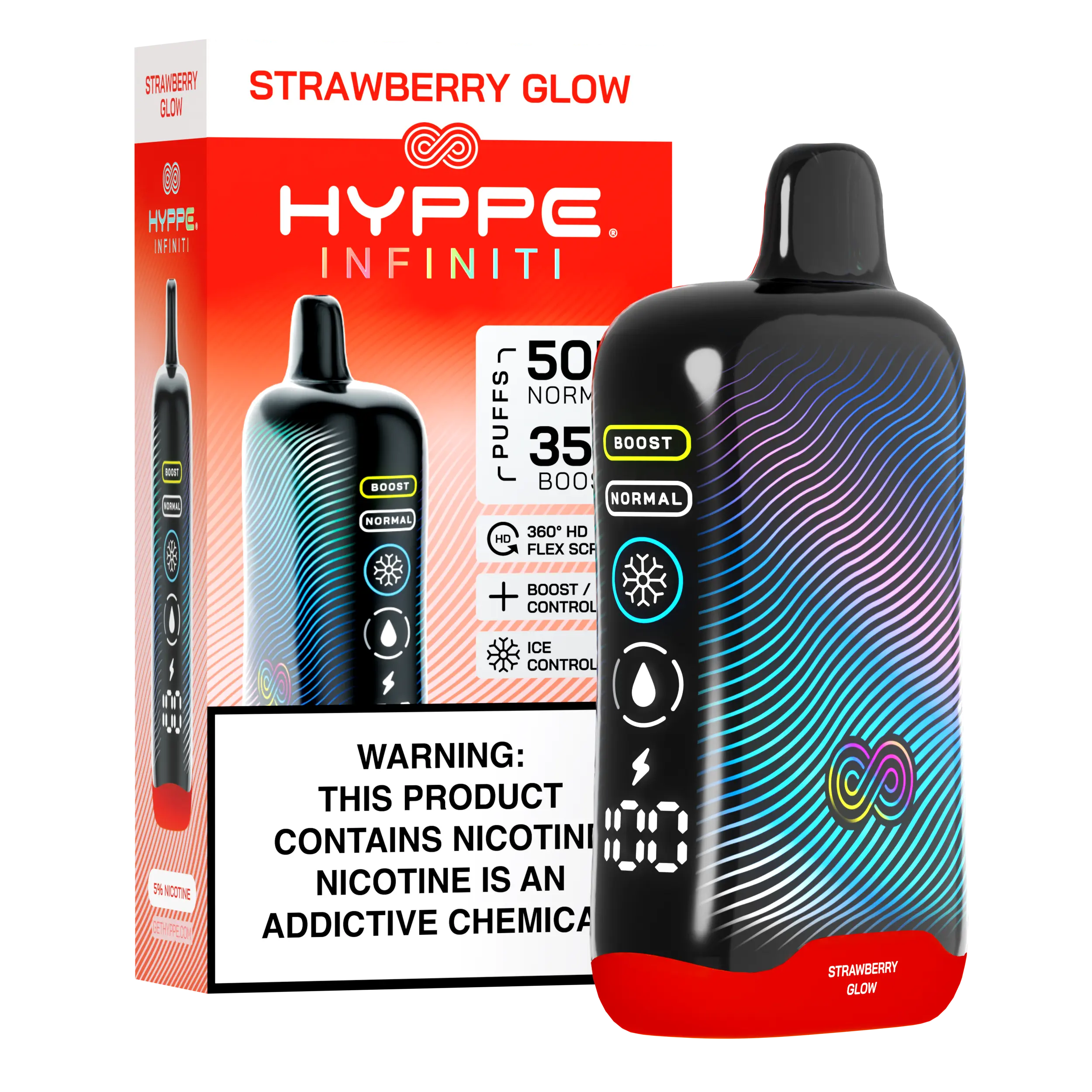HI – Device+Box – Regular – Strawberry Glow A Strawberry Glow Hyppe Infiniti 50K disposable vape 50000 puffs sweet bright strawberry flavor by Vape4Less.
