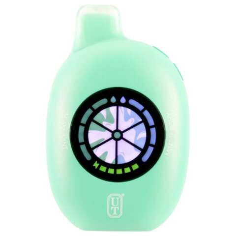 A 16ml Lemon Drop UT 50K disposable vape with lemon candy design and bright yellow theme featuring smart screen display. by Vape4Less.