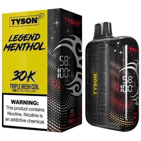 A 16ml Menthol Gold Tyson 2.0 Legend 30K disposable vape 30000 puffs smooth classic menthol gold standard flavor by Vape4Less.