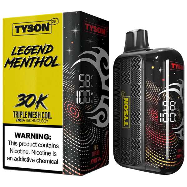A 16ml Menthol Gold Tyson 2.0 Legend 30K disposable vape 30000 puffs smooth classic menthol gold standard flavor by Vape4Less.