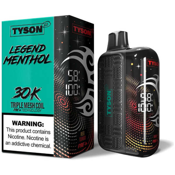 A 16ml Menthol Green Tyson 2.0 Legend 30K disposable vape 30000 puffs crisp spearmint pure menthol icy flavor by Vape4Less.