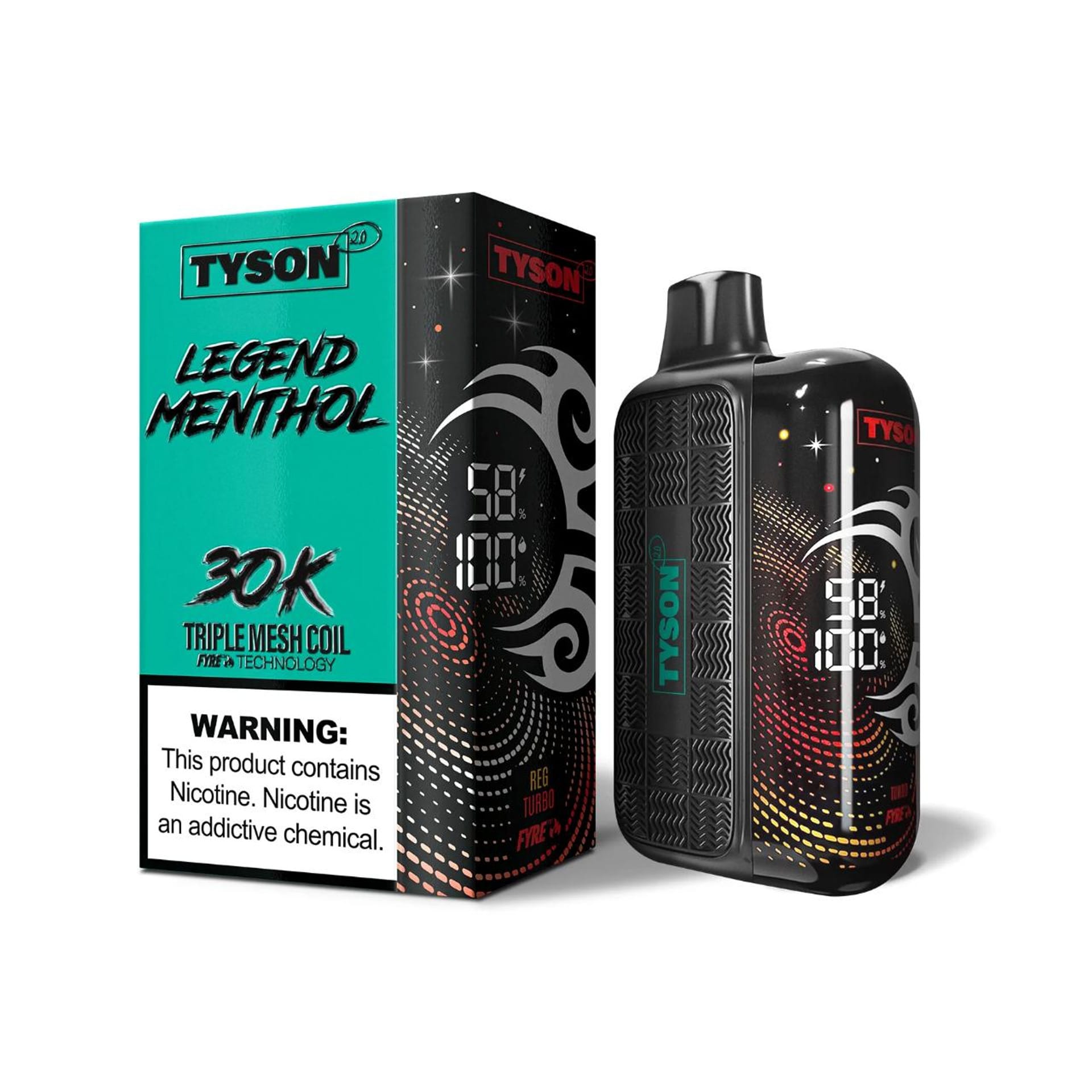 Menthol Green Tyson 2.0 Legend 30K A 16ml Menthol Green Tyson 2.0 Legend 30K disposable vape 30000 puffs crisp spearmint pure menthol icy flavor by Vape4Less.
