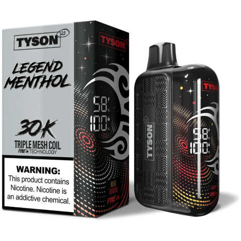 A 16ml Menthol Silver Tyson 2.0 Legend 30K disposable vape 30000 puffs pure intense menthol clean icy flavor by Vape4Less.