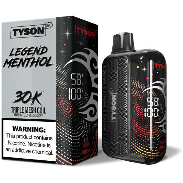A 16ml Menthol Silver Tyson 2.0 Legend 30K disposable vape 30000 puffs pure intense menthol clean icy flavor by Vape4Less.