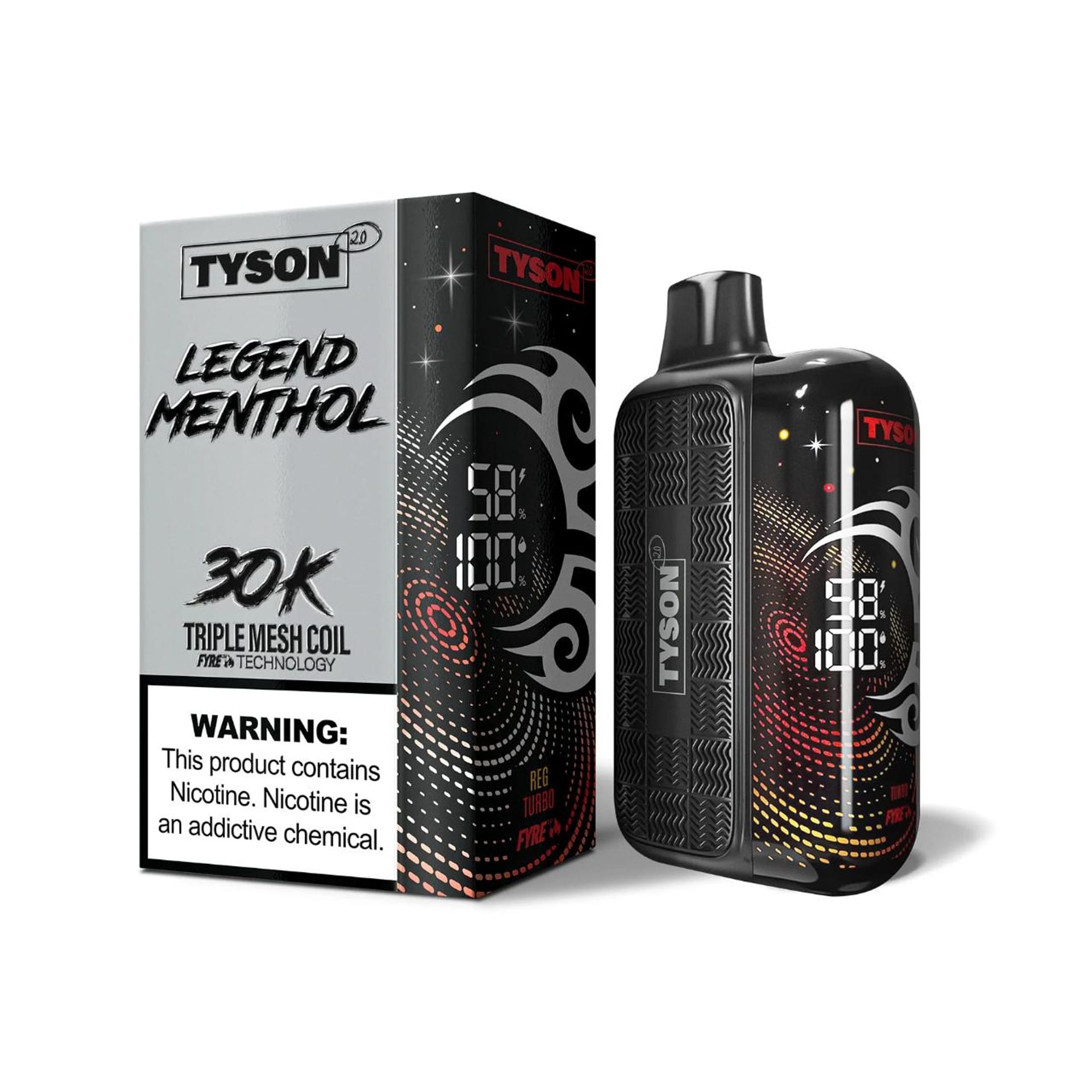 A 16ml Menthol Silver Tyson 2.0 Legend 30K disposable vape 30000 puffs pure intense menthol clean icy flavor by Vape4Less.