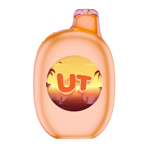 A 16ml Mexican Mango UT 50K disposable vape with golden mango design and digital display screen on the body. by Vape4Less.