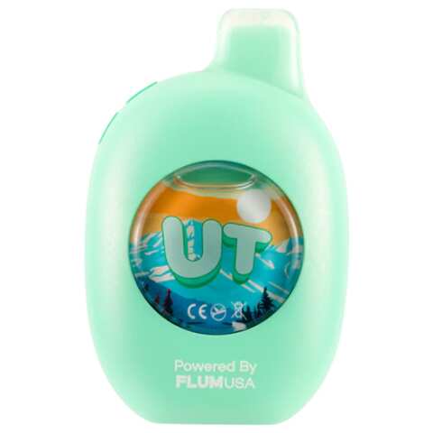 A 16ml Miami Mint UT 50K disposable vape with mint leaves and cool blue design featuring smart screen display. by Vape4Less.