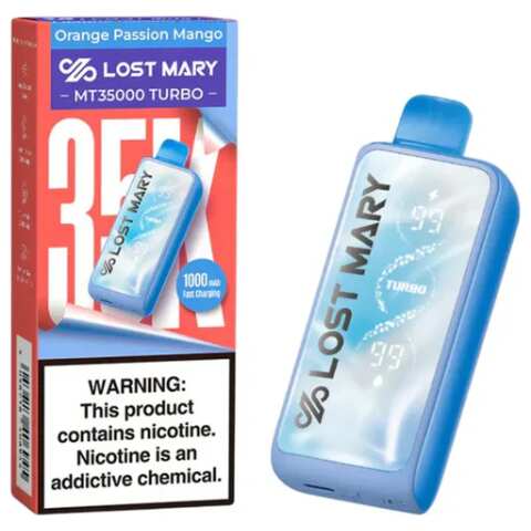 A 18ml Orange Passion Mango Lost Mary MT35000 Turbo disposable vape 35000 puffs tropical fruit fusion flavor by Vape4Less.